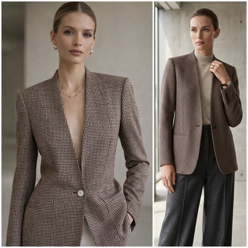 Vintage Corporate Woman 100% Pure Silk Blazer Woven Slubbed Houndstooth size 6